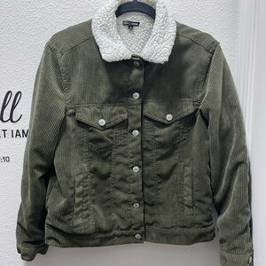 Fashion Nova Olive Corduroy Jacket with White Sherpa Collar
